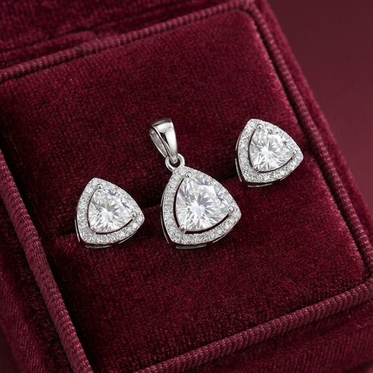 Trillion-Cut Halo 925 Silver Pendant Set