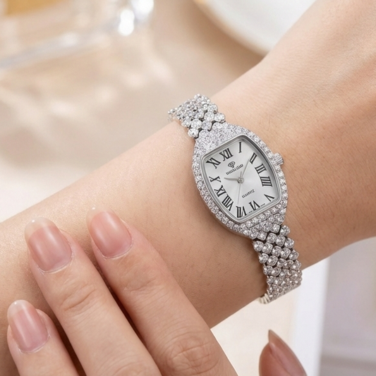 Crystal-Encrusted Tonneau 925 Silver Watch