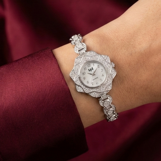 Floral Jeweled 925 Silver Watch