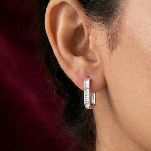 Modern Rectangular Crystal Hoop 925 Silver Earrings