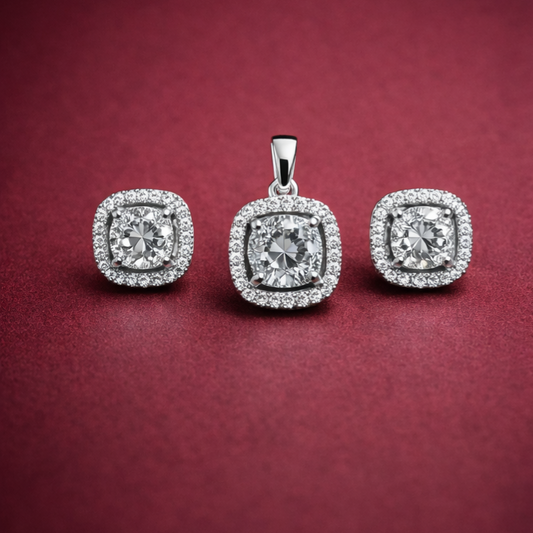 Cushion-Cut Halo 925 silver Pendant Set