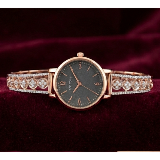 Rose Gold-Plated Midnight Dial Jeweled 925 Silver Watch