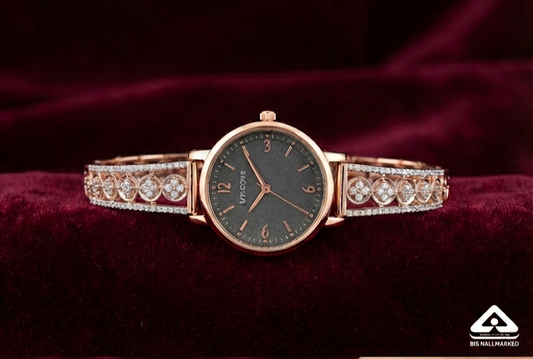 Rose Gold-Plated Midnight Dial Jeweled 925 Silver Watch