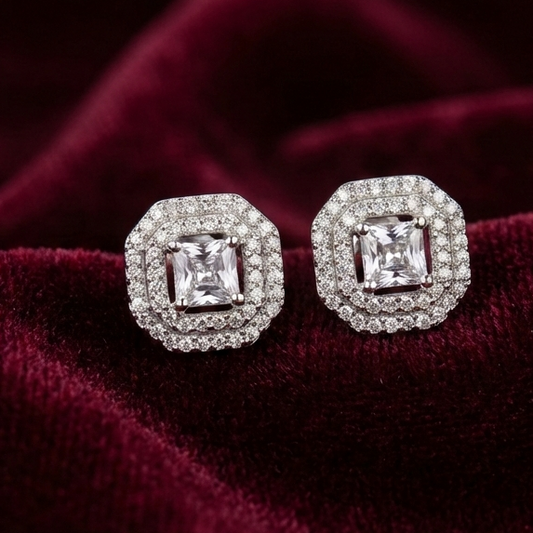 Majestic Double Halo Square 925 Silver Studs
