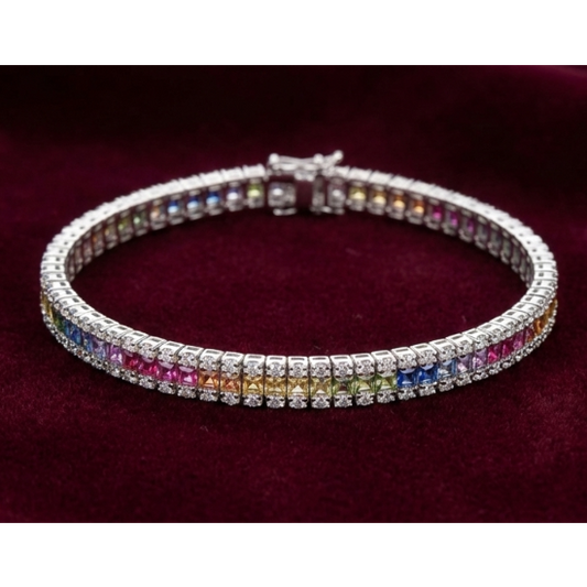 Rainbow Triple-Row Tennis 925 Silver Bracelet