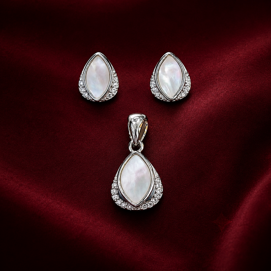 Pearlescent Teardrop Halo 925 Silver Pendant & Earring Set