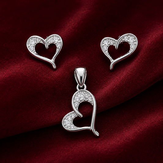 Sweeping Open Heart 925 Silver Pendant & Earring Set