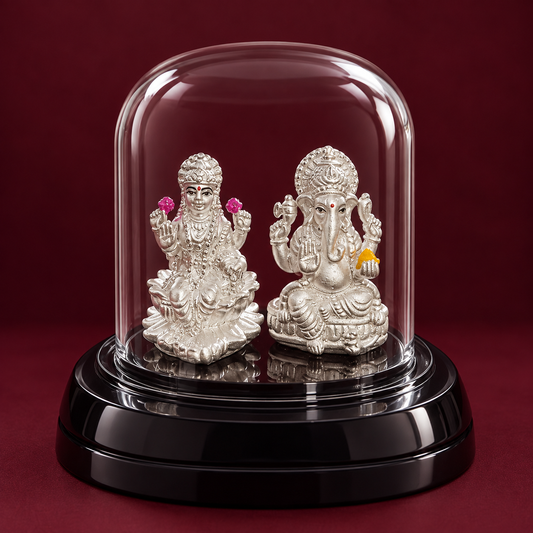 999 Pure Silver Ganesh Lakshmi Idol in Glass Dome