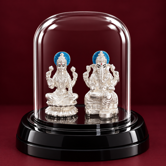 999 Pure Silver Ganesh Lakshmi Idol in Glass Dome