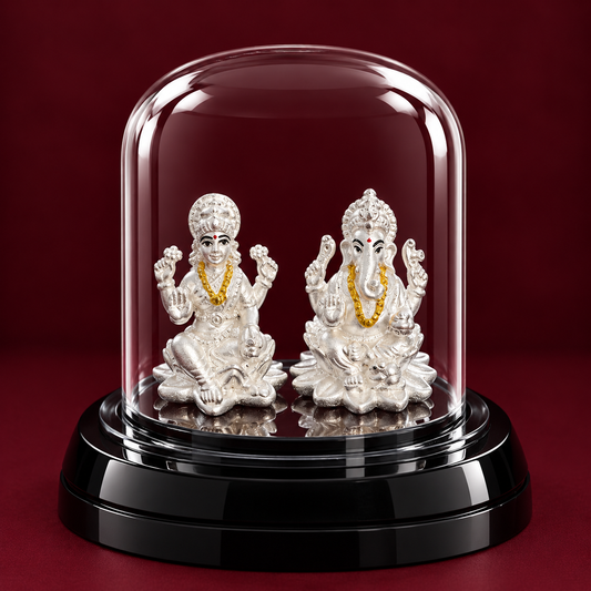 999 Pure Silver Ganesh Lakshmi Idol in Glass Dome