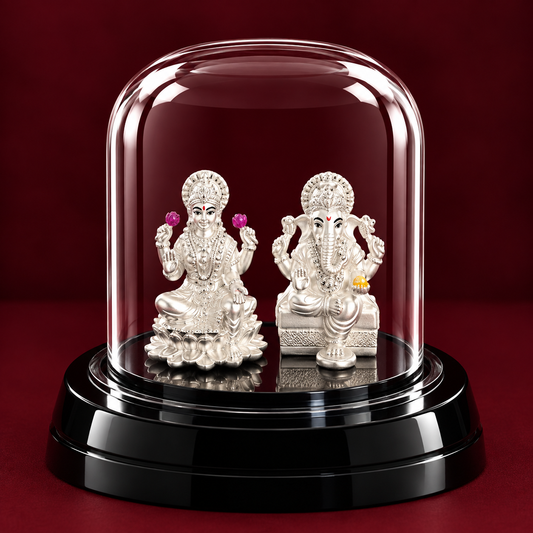 999 Pure Silver Ganesh Lakshmi Idol in Glass Dome