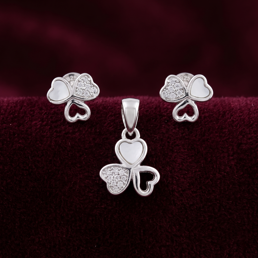 Trinity Heart Clover 925 Silver Pendant & Earring Set
