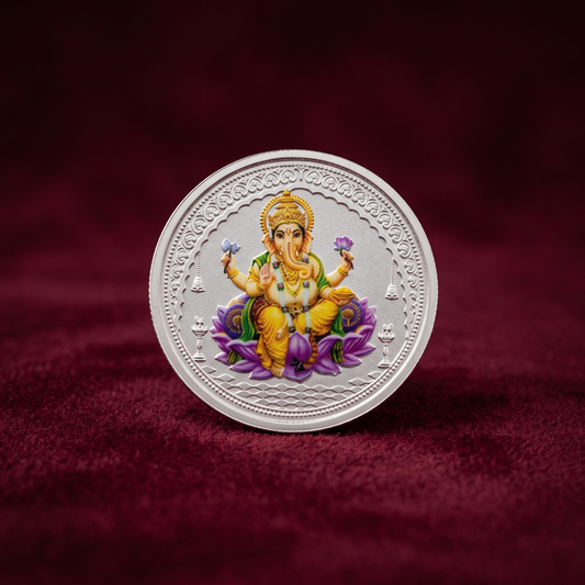 999 Pure Silver Coloured Lord Ganesha Round 3 Gm Coin
