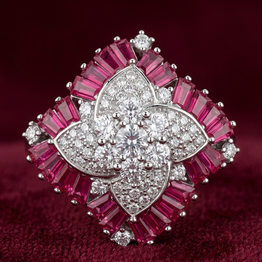 Deco Ruby Kaleidoscope Cocktail Ring – Premium 925 Silver