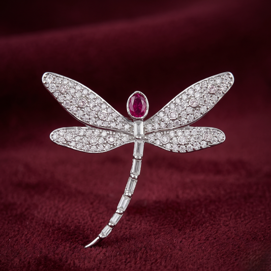 Crimson Radiance Dragonfly 925 Silver Brooch