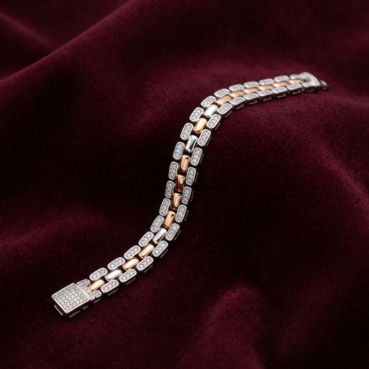 Dual-Tone Pavé & Rose Gold Accent 925 Sterling Silver Men's Bracelet