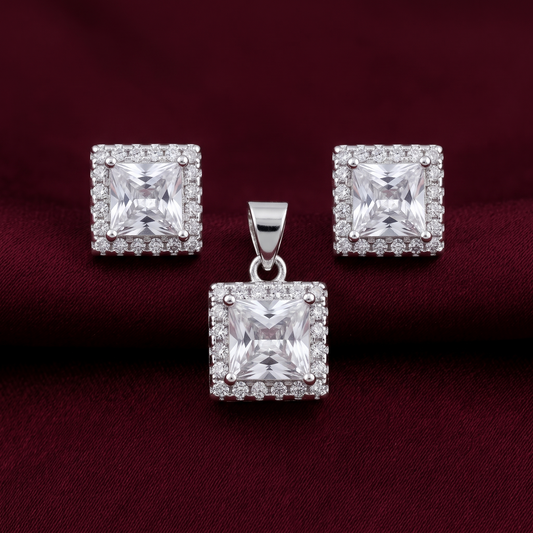 Royal Halo Princess-Cut 925 Sterling Silver Pendant Set
