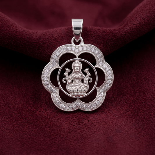 Shri Lakshmi Lotus Medallion Pendant with Zirconia Halo in 925 Sterling Silver