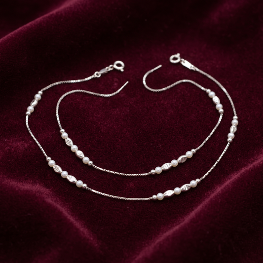 Ethereal Pearl & Box Chain 925 Sterling Silver Anklet