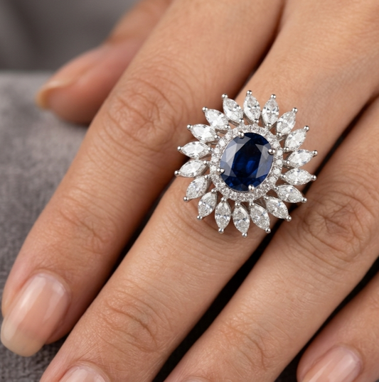 Royal Sunburst Sapphire Sunflower Cocktail Ring – Premium 925 Silver