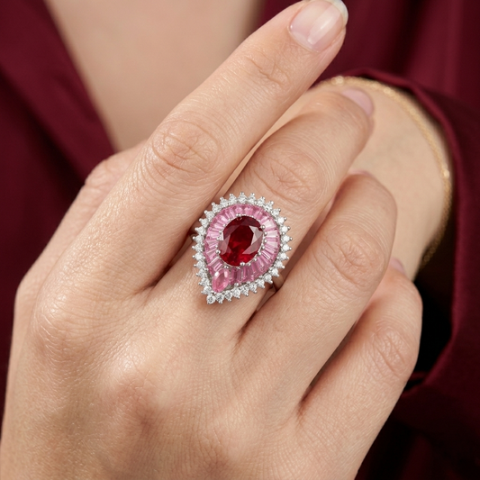 Imperial Ombré Ruby & Pink Tourmaline Cocktail Ring – Premium 925 Silver