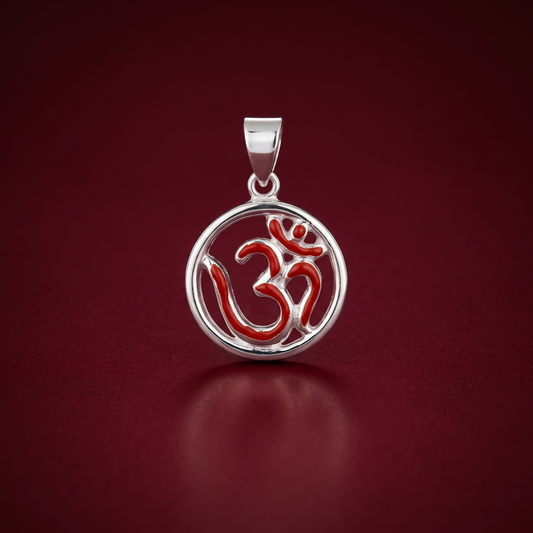 Tejas Crimson Enamel Om Open Circle Pendant in 925 Sterling Silver