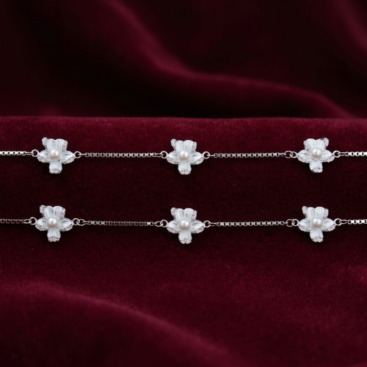 Ivory Elegance Pearl Blossom 925 Silver Anklet