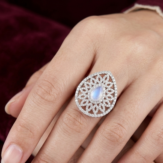 Moonstone Lattice Teardrop Cocktail Ring – Premium 925 Silver