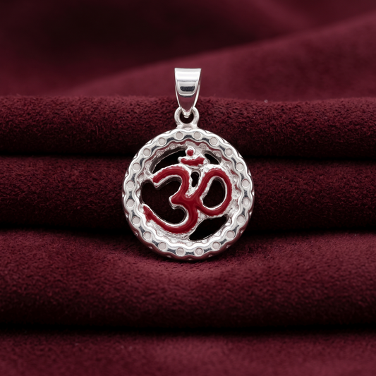 Prana Crimson Enamel Om Medallion Pendant in 925 Sterling Silver