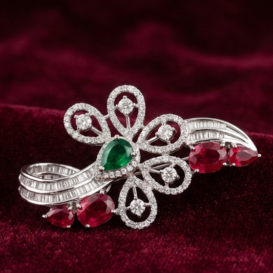 Emerald & Ruby Floral Ribbon 925 Silver Brooch