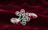 Emerald & Ruby Floral Ribbon 925 Silver Brooch