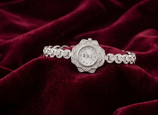 Floral Jeweled 925 Silver Watch