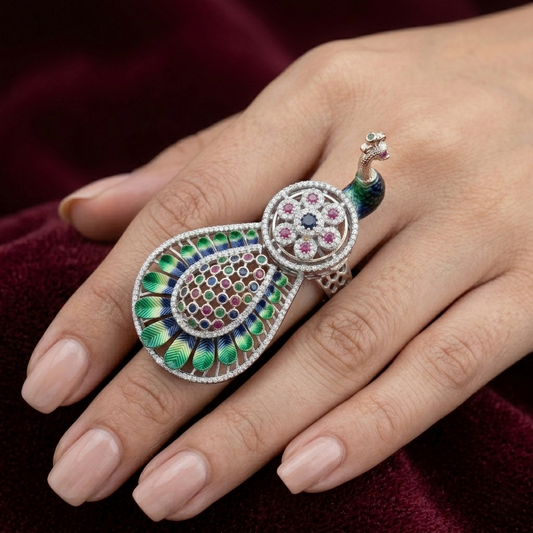 Imperial Royal Peacock Meenakari Statement Ring – Premium 925 Silver