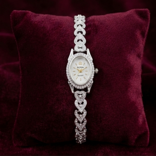 Romantic Heart-Link Jeweled 925 Silver Watch