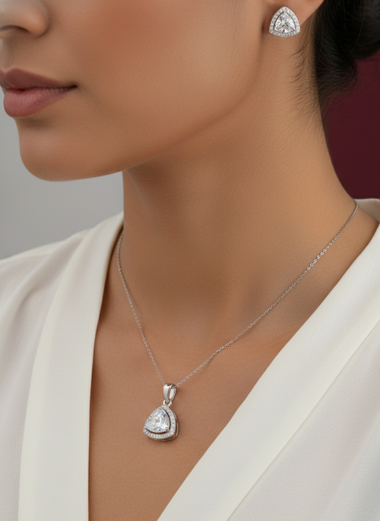 Trillion-Cut Halo 925 Silver Pendant Set