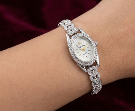 Romantic Heart-Link Jeweled 925 Silver Watch