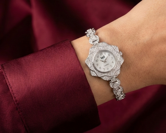 Floral Jeweled 925 Silver Watch