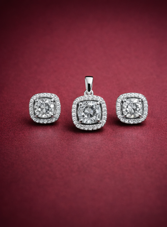 Cushion-Cut Halo 925 silver Pendant Set