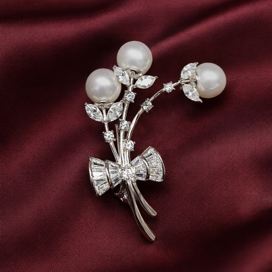 Pearl Bloom Bow 925 Silver Brooch
