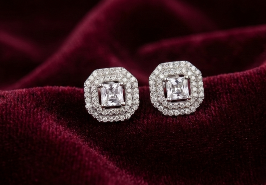 Majestic Double Halo Square 925 Silver Studs