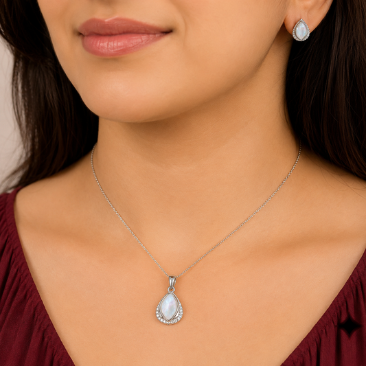 Pearlescent Teardrop Halo 925 Silver Pendant & Earring Set