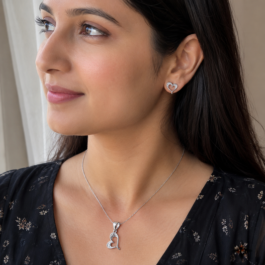 Sweeping Open Heart 925 Silver Pendant & Earring Set