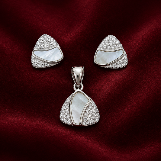 Luminous Pearlescent Shield 925 Silver Pendant & Earring Set