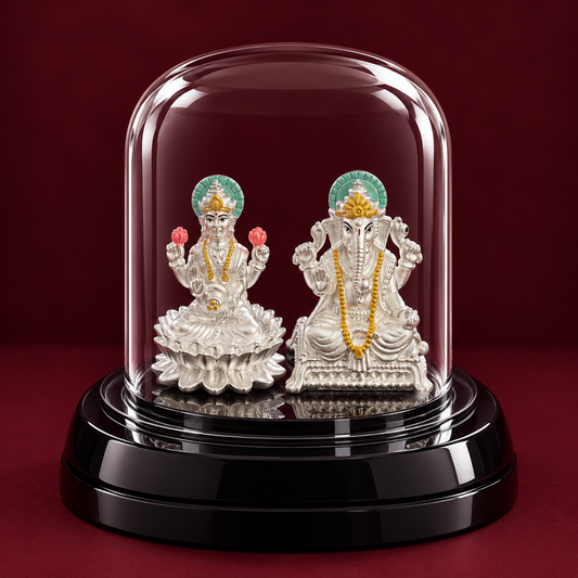 999 Pure Silver Ganesh Lakshmi Idol in Glass Dome