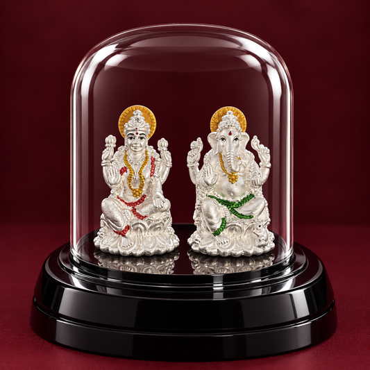 999 Pure Silver Ganesh Lakshmi Idol in Glass Dome