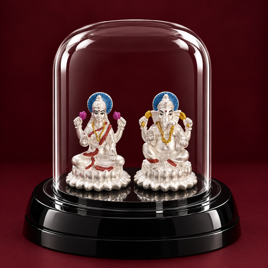 999 Pure Silver Ganesh Lakshmi Idol in Glass Dome
