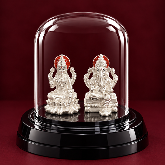 999 Pure Silver Ganesh Lakshmi Idol in Glass Dome