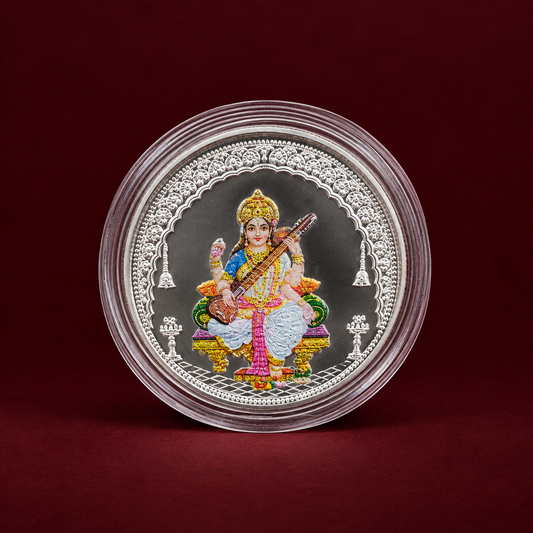 999 Pure Silver Coloured Goddess Saraswati Round 3 Gm Coin