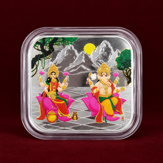 999 Pure Silver Coloured Laxmi-Ganesh Himalayan Landscape Square 50 gm Coin Bar