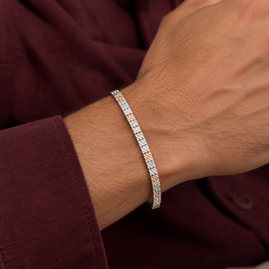 Two-Tone Textured Diagonal Link 925 Sterling Silver Men's Bracelet